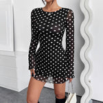 Elegant Mesh Polka Dot Printed round Neck Backless Long Sleeves Dress