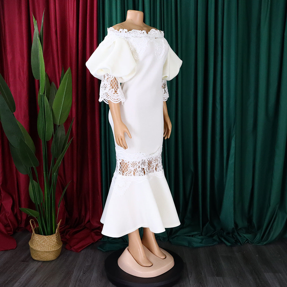 D368 cross-border women's fashion temperament lace off-the-shoulder fishtail party sexy party dress foreign trade dress