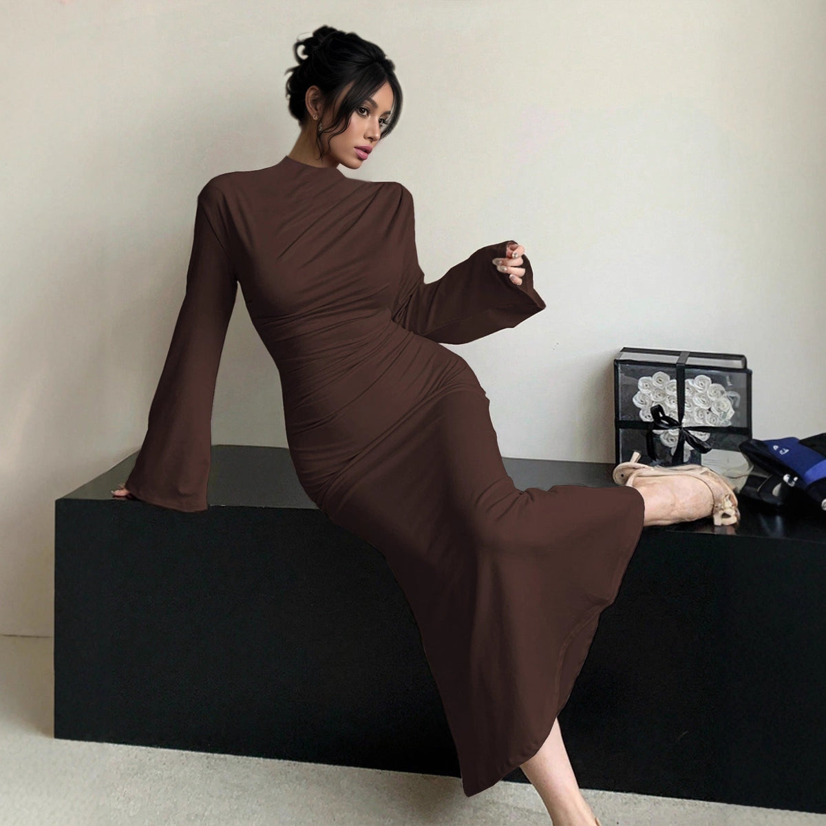 Sexy Minimalist Dress Slim Fit Wild Bell Sleeve Half Turtleneck Sheath Dress