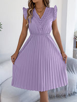 Women Clothing Spring Summer Casual Lace V neck Wooden Ear Cinched Pleated Dress