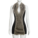 Women Clothing Autumn Winter Solid Color Sexy Sleeveless Bare Back Halter Furry Short Dress