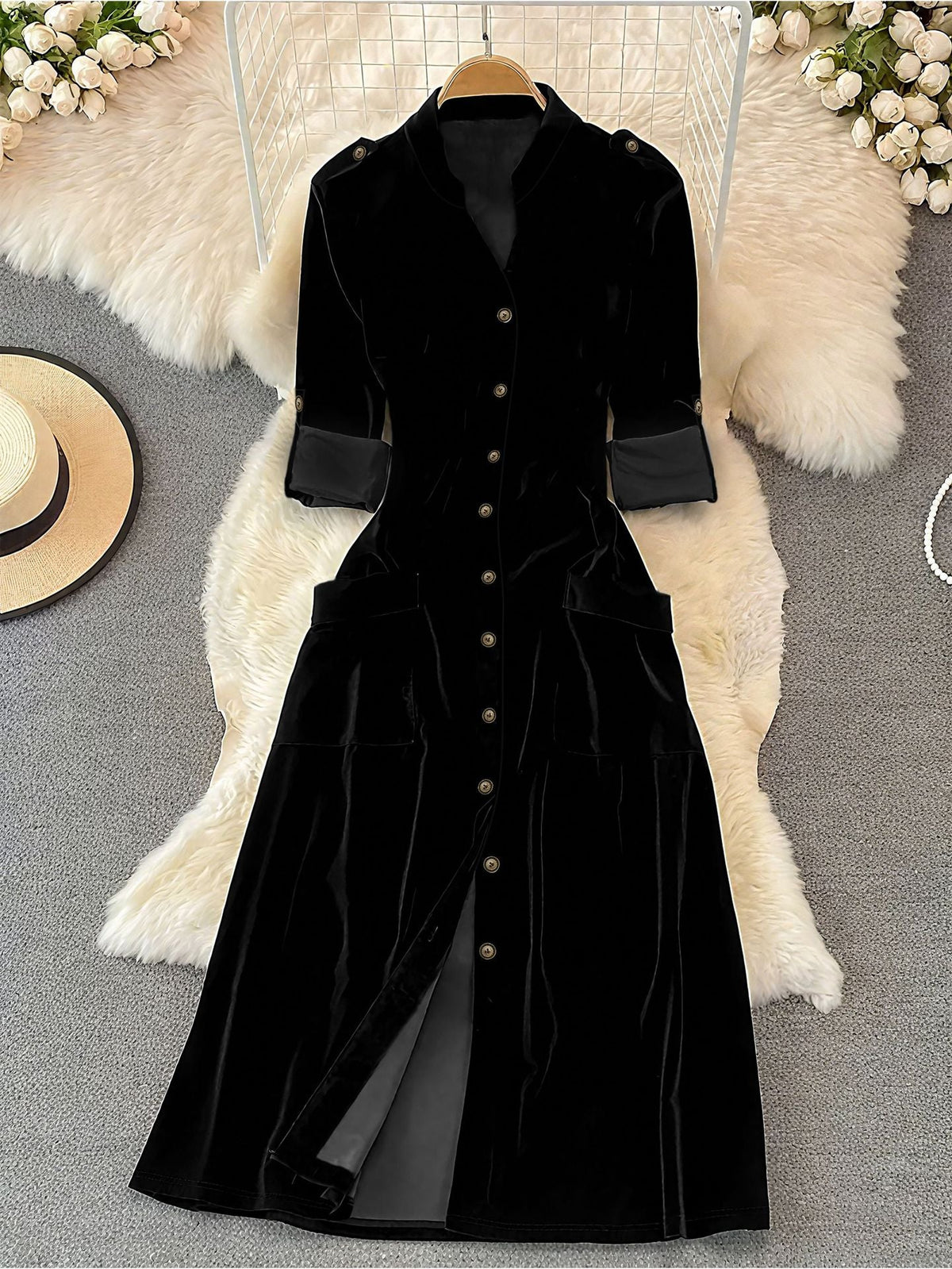 Autumn Winter French Retro Elegant High Grade Velvet Cardigan Dress for Women