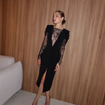 Autumn Winter Elegant V Shaped Lace Stitching Expensive Slim Fit Slit Dress Women