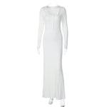Solid Color Comfort Slim Fit Buttoned U Neck Long Sleeved Sheath Elegant Dress Women Clothing