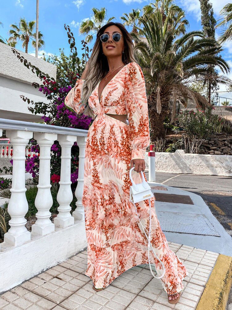 Women Wear Spring Long Printed V neck Long Sleeve Elegant Dress