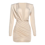 Autumn Winter Women Clothing Long Sleeve Solid Color Pleated Sexy Deep V Plunge neck Hip Sexy Dress