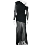 Women Dress Mesh Stitching Pleated Solid Color Long Sleeve Slim Fit Maxi Dress