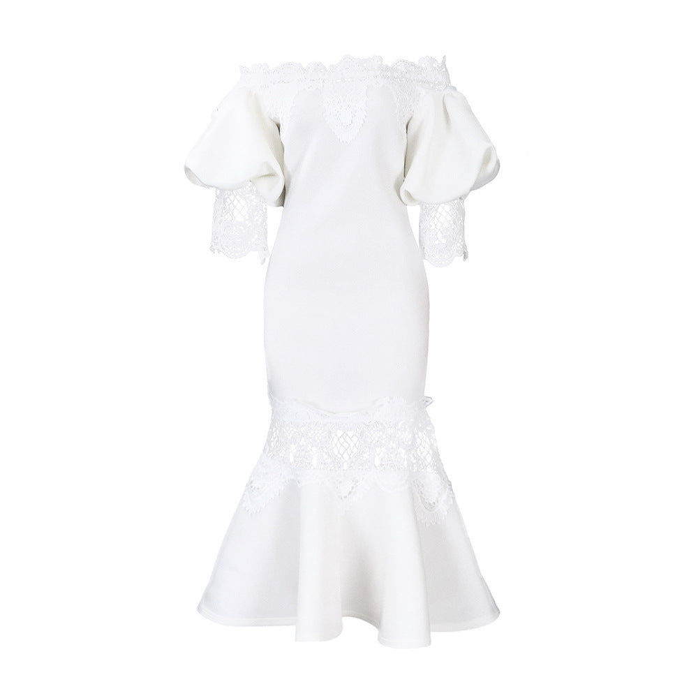 D368 cross-border women's fashion temperament lace off-the-shoulder fishtail party sexy party dress foreign trade dress