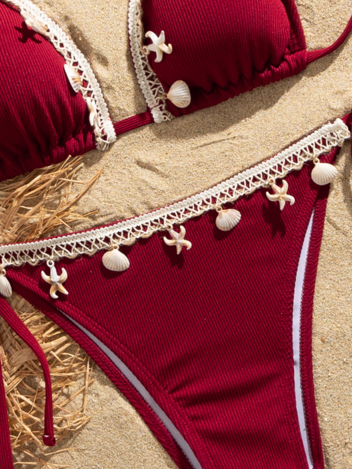 Shell Decoration Ribbed Bikini Women Swimwear Female Swimsuit Two-pieces Bikini Set Halter Strappy Bather Bathing Suit Swim Lady