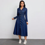 Women Clothing Denim Waist Slimming Thin High Class Elegant Anti Aging Long Sleeves Dress