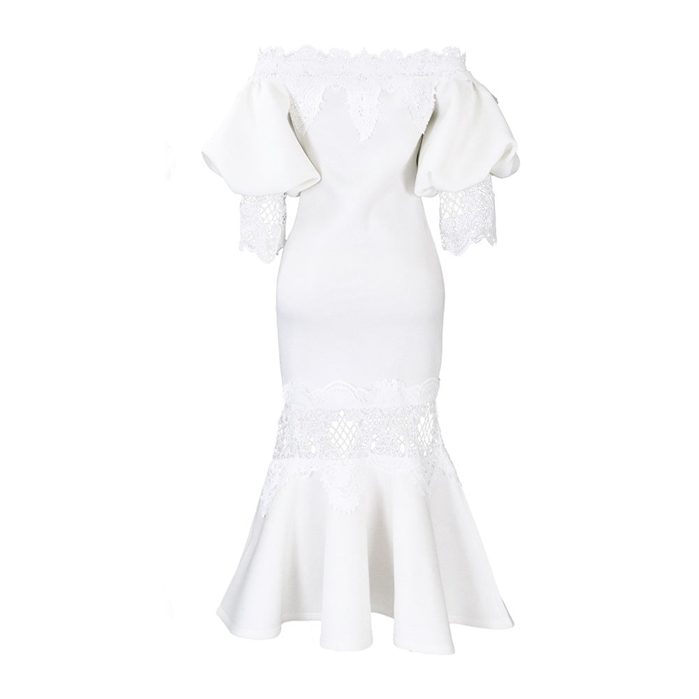 D368 cross-border women's fashion temperament lace off-the-shoulder fishtail party sexy party dress foreign trade dress