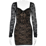 Autumn Winter V neck Long Sleeved Lace Dress Fashionable Sexy Tight Backless Hip Dress