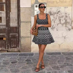 Spring Summer Contrast Color Water Ripple A Line Short Dress Inner Wear Fitted Waist Vest Base Knitting Dress Women
