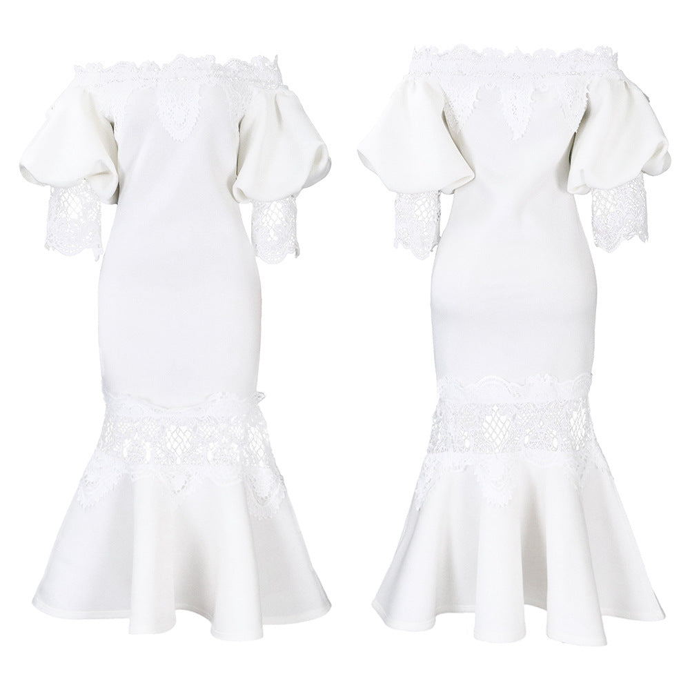 D368 cross-border women's fashion temperament lace off-the-shoulder fishtail party sexy party dress foreign trade dress