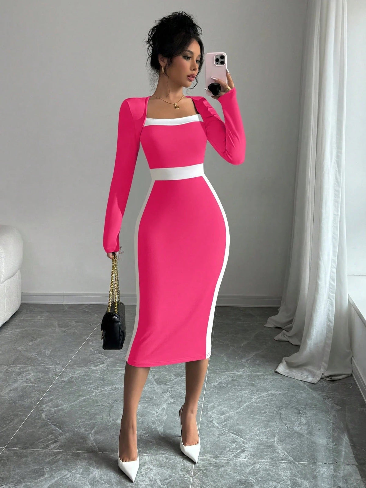 Women Clothing Stitching Contrast Color Midi Dress Sexy Sheath Long Sleeve Dress