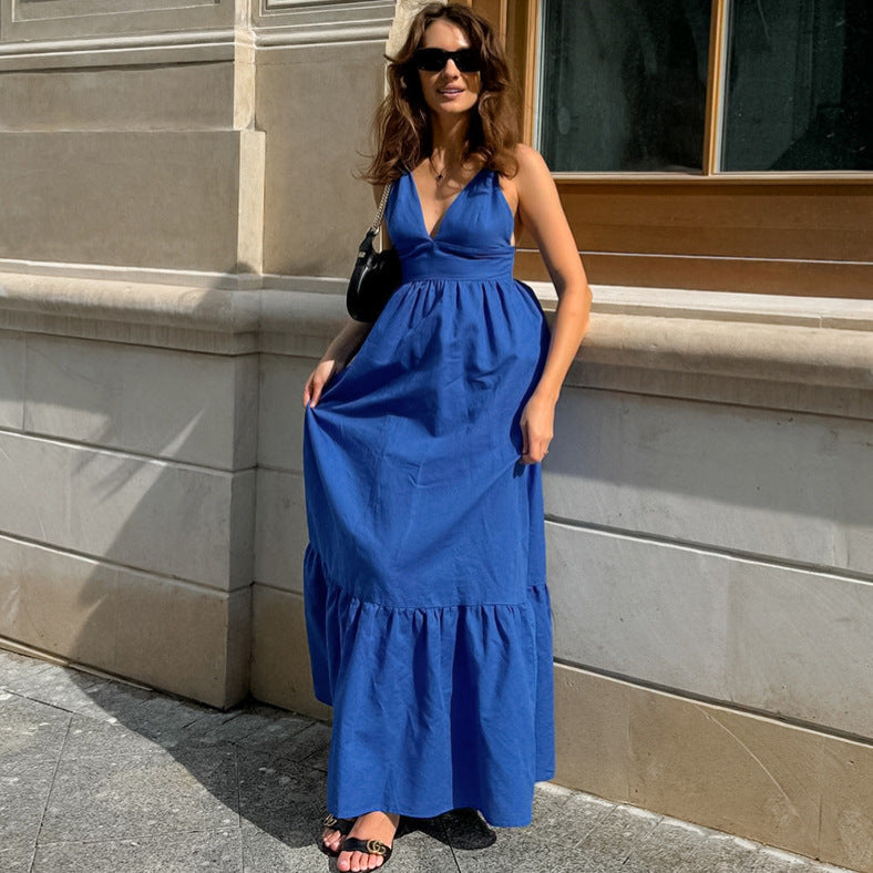 French Vacation Blue Cotton Linen V neck Strap Backless Dress Spring Summer Dress