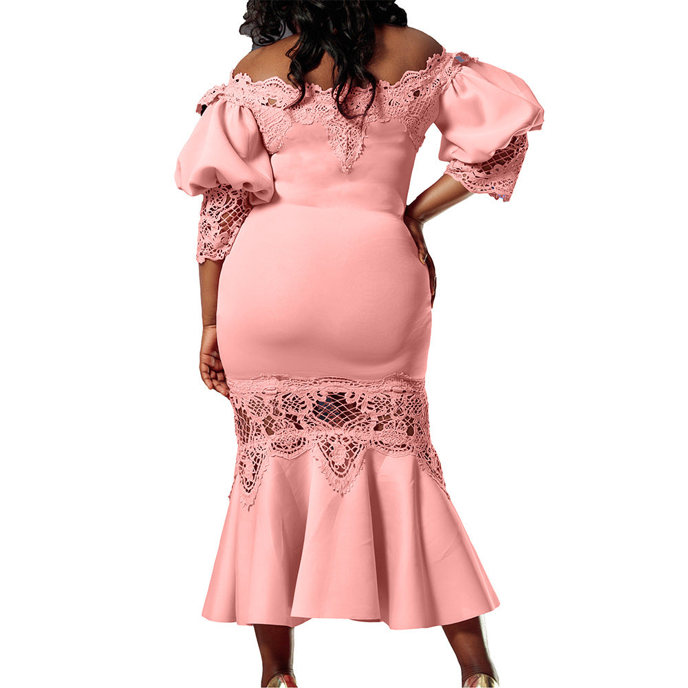 D368 cross-border women's fashion temperament lace off-the-shoulder fishtail party sexy party dress foreign trade dress