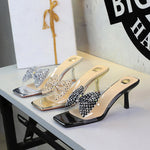 Rhinestone Bow Square Toe Open Toe Slippers Transparent Slip on Stiletto Heel Outdoor Slippers