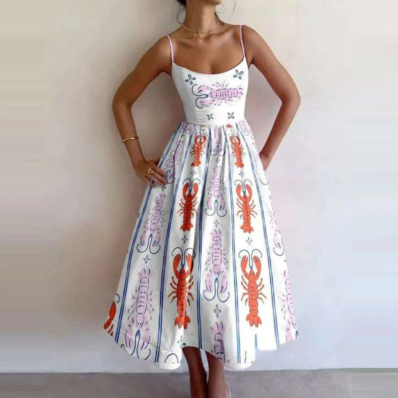 Spring Women Clothing Printing Pleated Waist Tight Large Swing Sling Dress