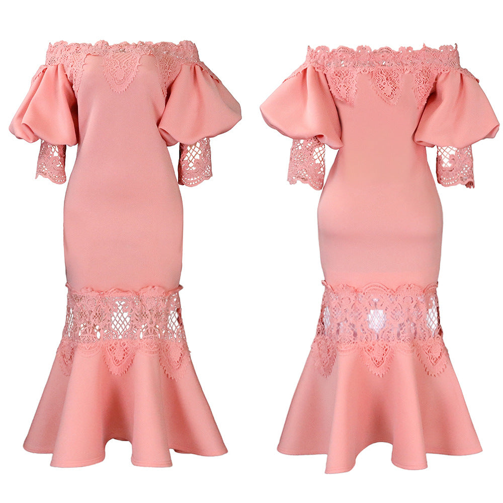 D368 cross-border women's fashion temperament lace off-the-shoulder fishtail party sexy party dress foreign trade dress
