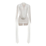 Autumn Winter Women Half Turtleneck Double Layer Stitching Mesh Ribbon Hip Wrapped Sexy Dress