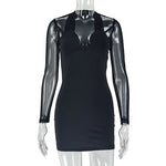 Solid Color Slim Fit Women Clothing Sexy Patchwork Socialite Hip Dress Wrapped Chest Mesh Long Sleeve Short Dress