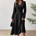 French Adult Lady like Woman V neck Dress Autumn Winter Elegant Elegant A line High Waist Midi Dress