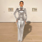 Autumn Winter Metallic Sexy Backless Skinny Slimming Slim Dress Women Metallic Coated Fabric Dress