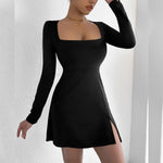 Women Clothing Square Collar Tight Long Sleeve Slit Flared Mini Sexy Dress