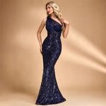 Sequin Oblique Shoulder Applique Evening Dress Women Cocktail Fishtail Host Toast Dress