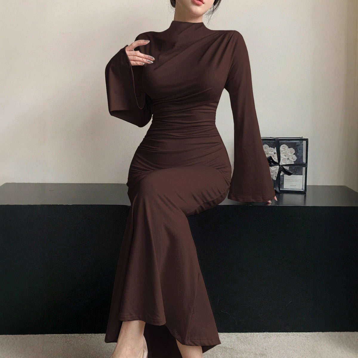Sexy Minimalist Dress Slim Fit Wild Bell Sleeve Half Turtleneck Sheath Dress