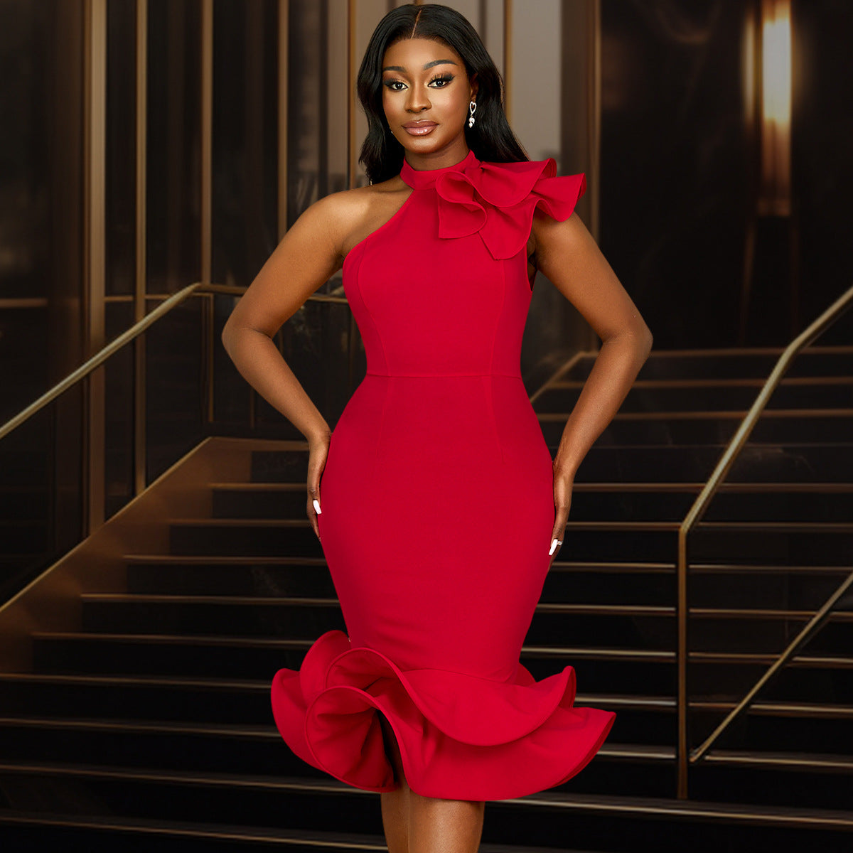 Elegant Half Turtleneck Ruffled Dress off Shoulder Ruffled Hem Cocktail Evening Dress