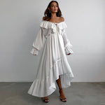 Drawstring V neck Flared Sleeves Chiffon Dress Asymmetric Design White Casual Long A line Dress