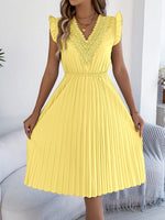 Women Clothing Spring Summer Casual Lace V neck Wooden Ear Cinched Pleated Dress