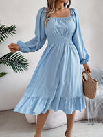 Spring Summer Casual Solid Color Square Collar Long Sleeve Waist Trimming Ruffles A line Dress Women Clothing