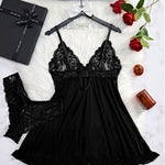 2 Pieces Women's Sleepshirts Lace Lingerie Set Semi-transparent V-Neck Thong Underwear for Women Exquisite Tulle Nightgown Set