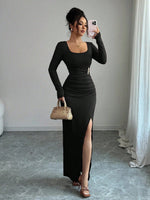 Spring U Collar Solid Color Slim Fit Slimming Knitted Long Sleeve Split Dress