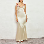 Long Sling Dress Sexy Summer Backless Lace up Silk Patchwork Edge Dress