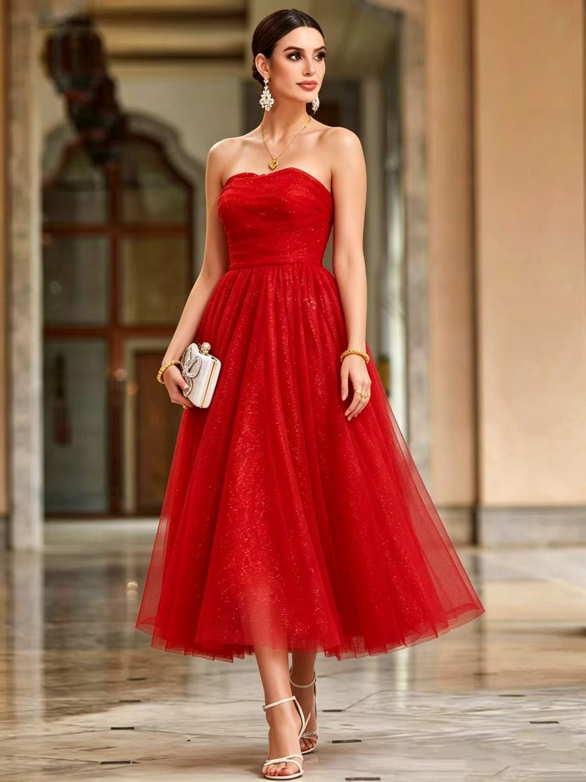French off Shoulder Red Toast Dress Evening Gown