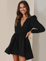 Autumn Winter Dress Women Clothing V neck Mid Length Dress Pleated Ruffled French Dress Dress