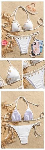 Shell Decoration Ribbed Bikini Women Swimwear Female Swimsuit Two-pieces Bikini Set Halter Strappy Bather Bathing Suit Swim Lady