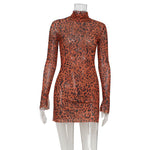 Sexy Women Clothing Turtleneck Long Sleeve Slim Fit Sexy Mesh Leopard Print Sexy Hip Dress Women