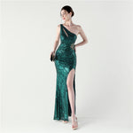 Sexy Slim Hip One Shoulder Diagonal Collar Sequin Gauze Evening Dress The Dinner Party