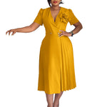 Women Clothing Summer V neck Short Sleeve Solid Color Three Dimensional Floral Pleated African Dress