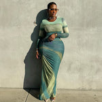 Women Commuting Wear Printed Pleated Drawstring Slim Fit Hip round Neck Long Sleeve Design Dress