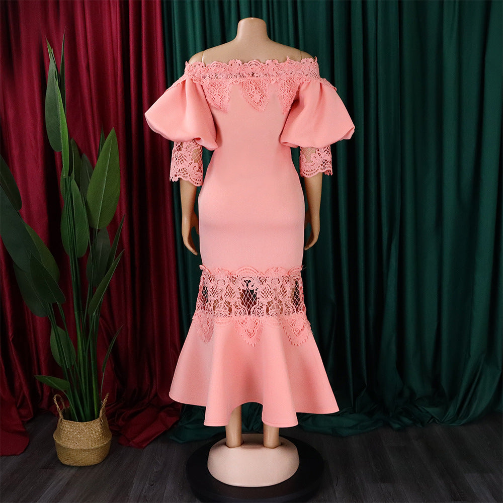 D368 cross-border women's fashion temperament lace off-the-shoulder fishtail party sexy party dress foreign trade dress