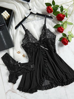 2 Pieces Women's Sleepshirts Lace Lingerie Set Semi-transparent V-Neck Thong Underwear for Women Exquisite Tulle Nightgown Set