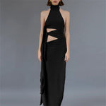 Sexy Hollow Out Cutout Backless Stitching Strap Long Slit Halter Dress Women