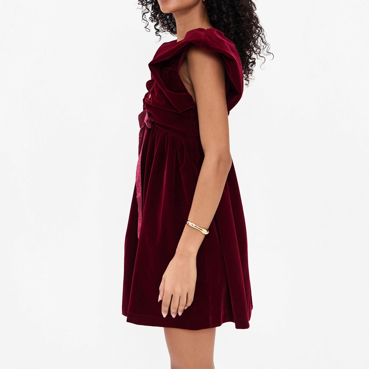 Autumn Winter V neck Bow Pleuche Party Women Dress