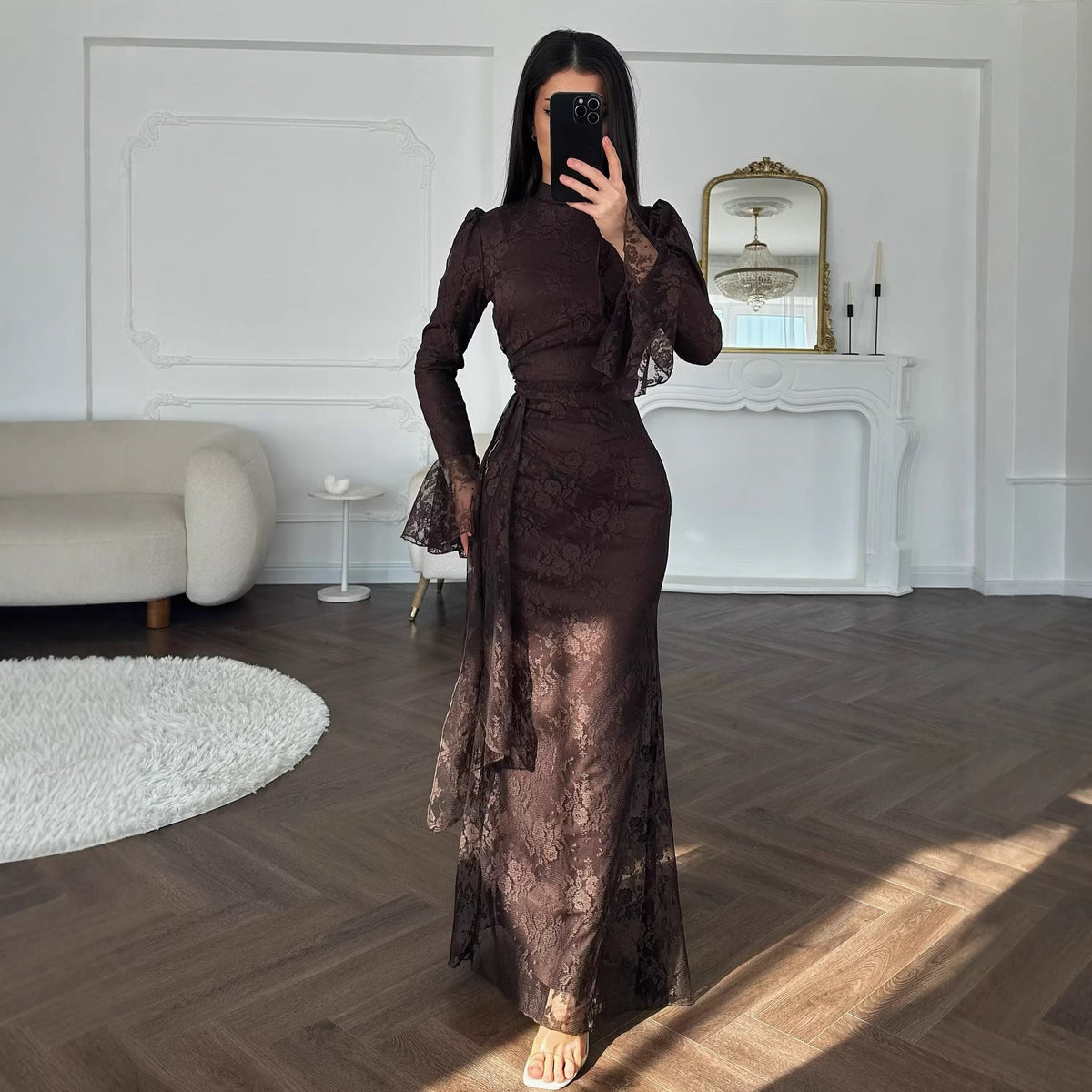Autumn Winter Women Clothing Middle East Elegant Lace Sheath Evening Dress